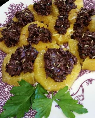 Slices of Orange with Homemade Tapenade and Fennel Seed